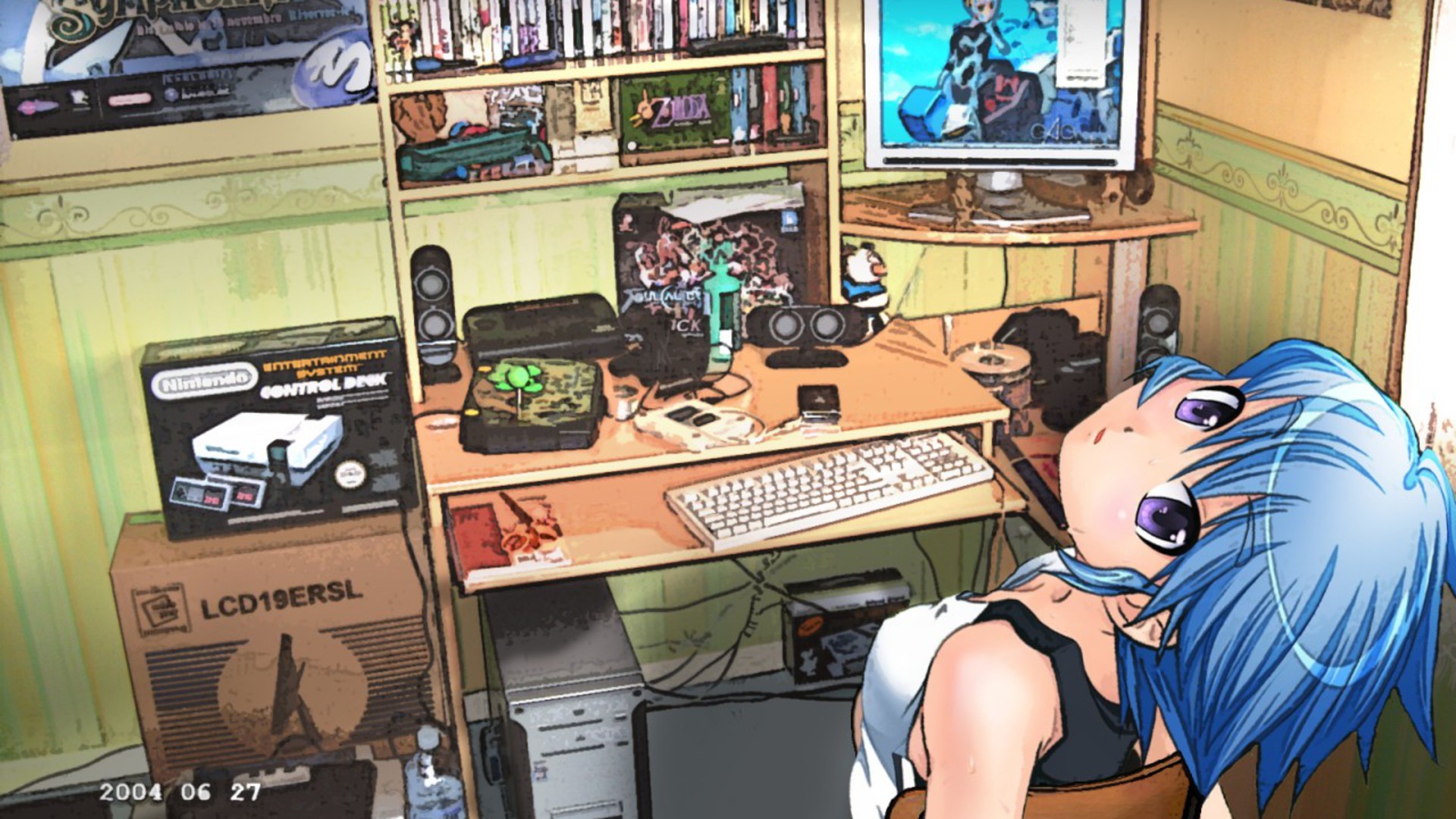 Nintendo, video games, computers, keyboards, blue hair, books, The Legend of Zelda, messy, anime, purple eyes, anime girls, DVD covers - desktop wallpaper