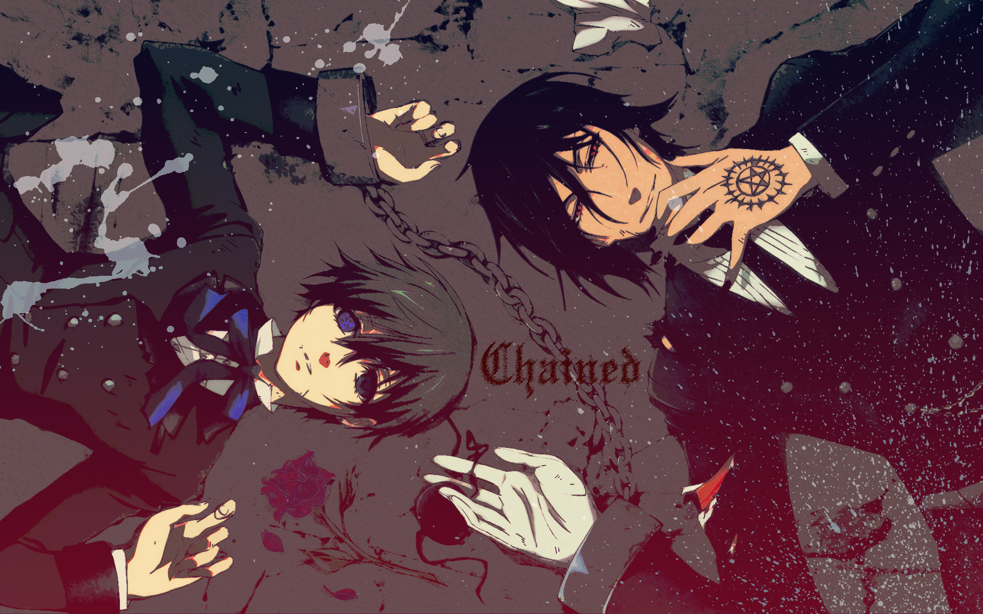 suit, Kuroshitsuji, Ciel Phantomhive, Sebastian Michaelis, anime, anime boys, chains, roses, butler - desktop wallpaper