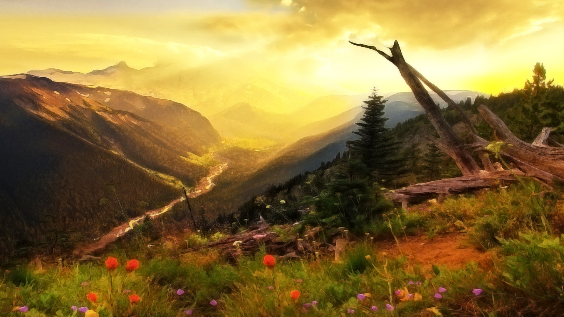 paintings, mountains, landscapes, trees, flowers, rivers - desktop wallpaper