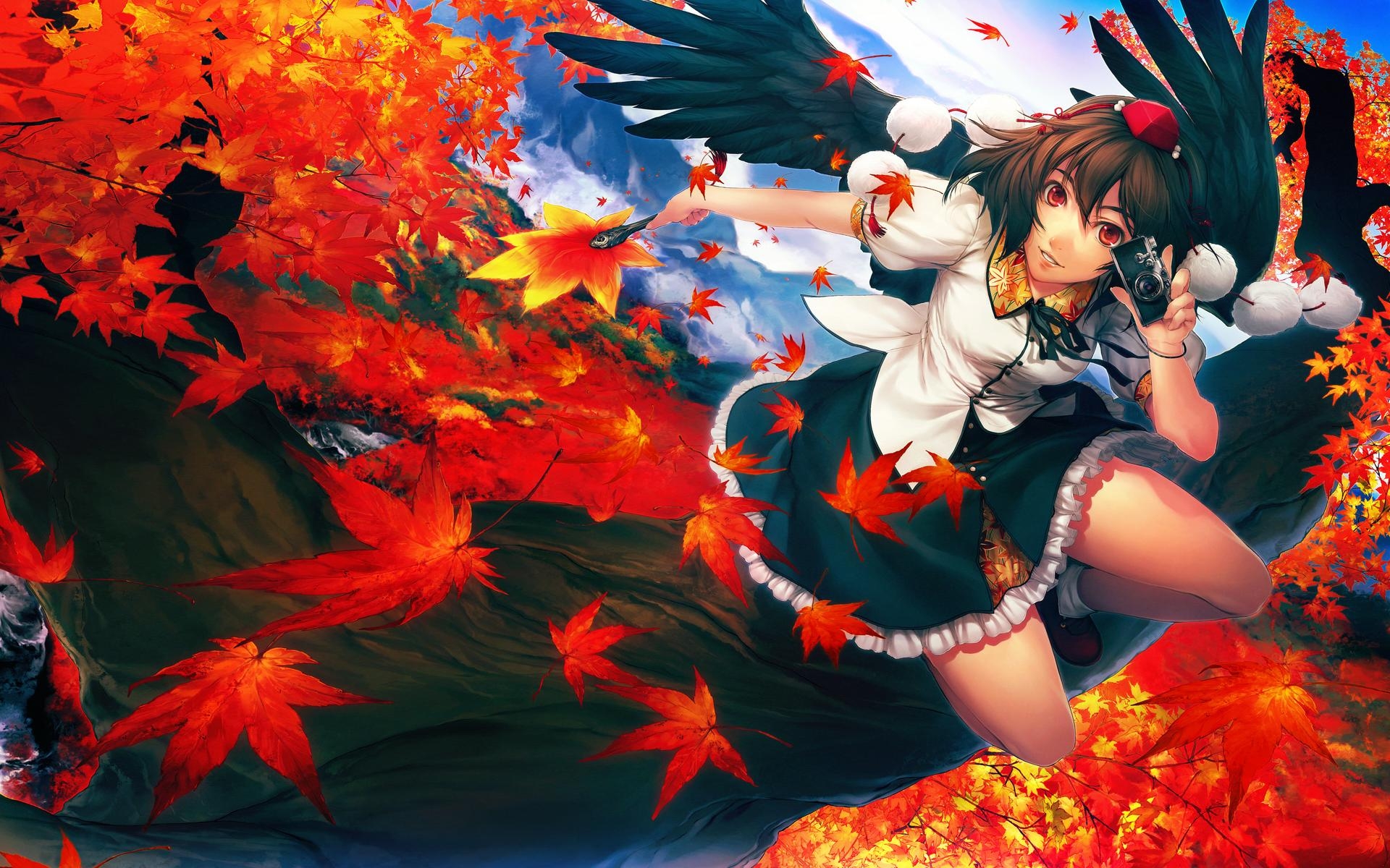 Touhou, wings, dress, leaves, cameras, red eyes, Shameimaru Aya, anime girls, tengu, Simoshi (Artist) - desktop wallpaper