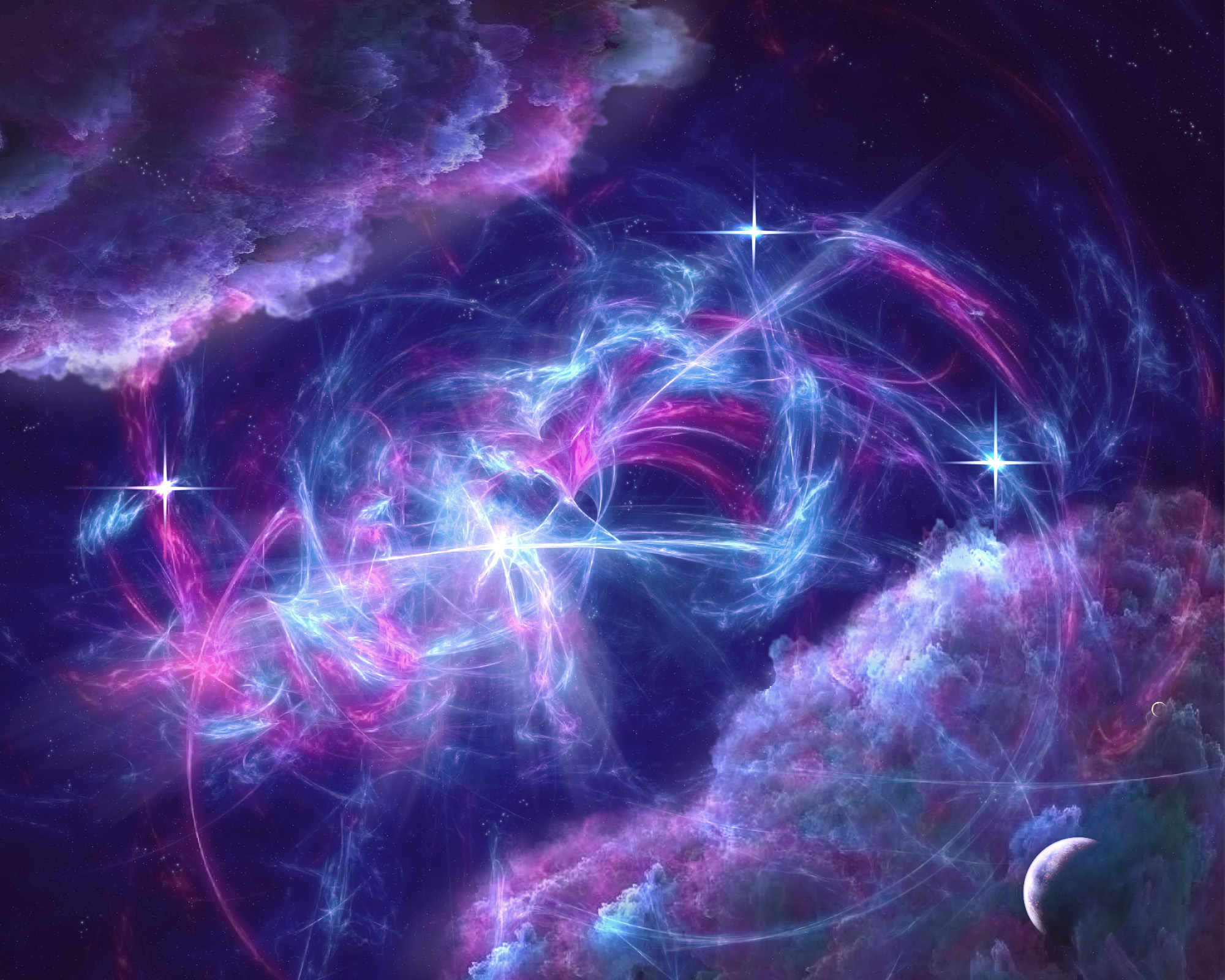 blue, clouds, outer space, stars, pink, planets, purple - desktop wallpaper