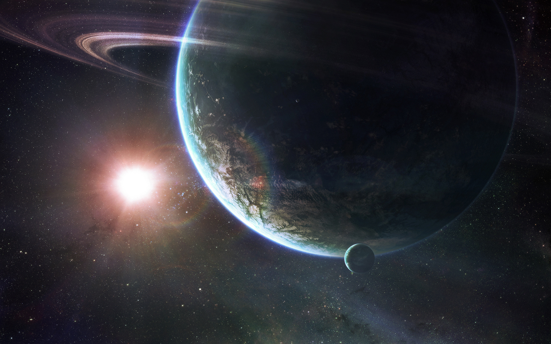 outer space, stars, planets, Moon, rings - desktop wallpaper
