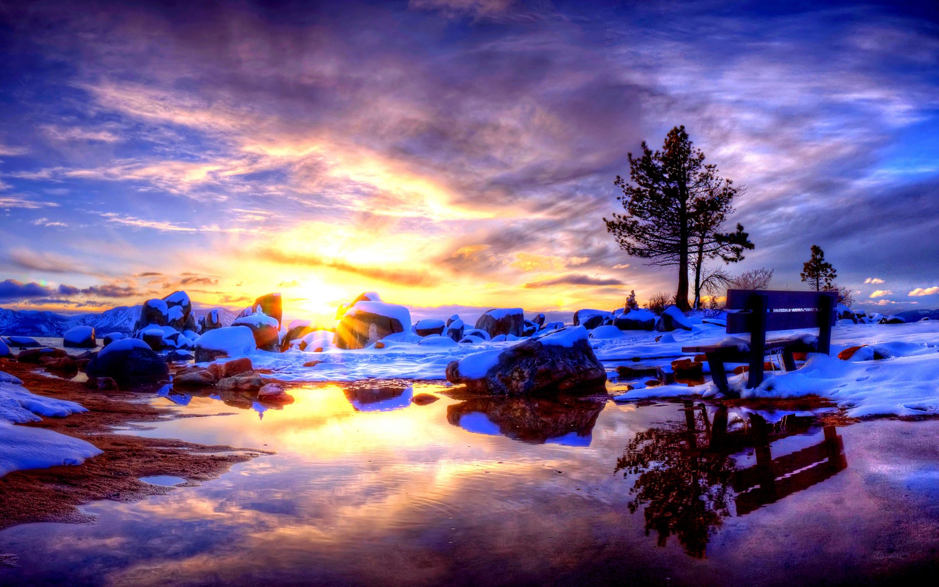sunset, landscapes, nature, snow - desktop wallpaper