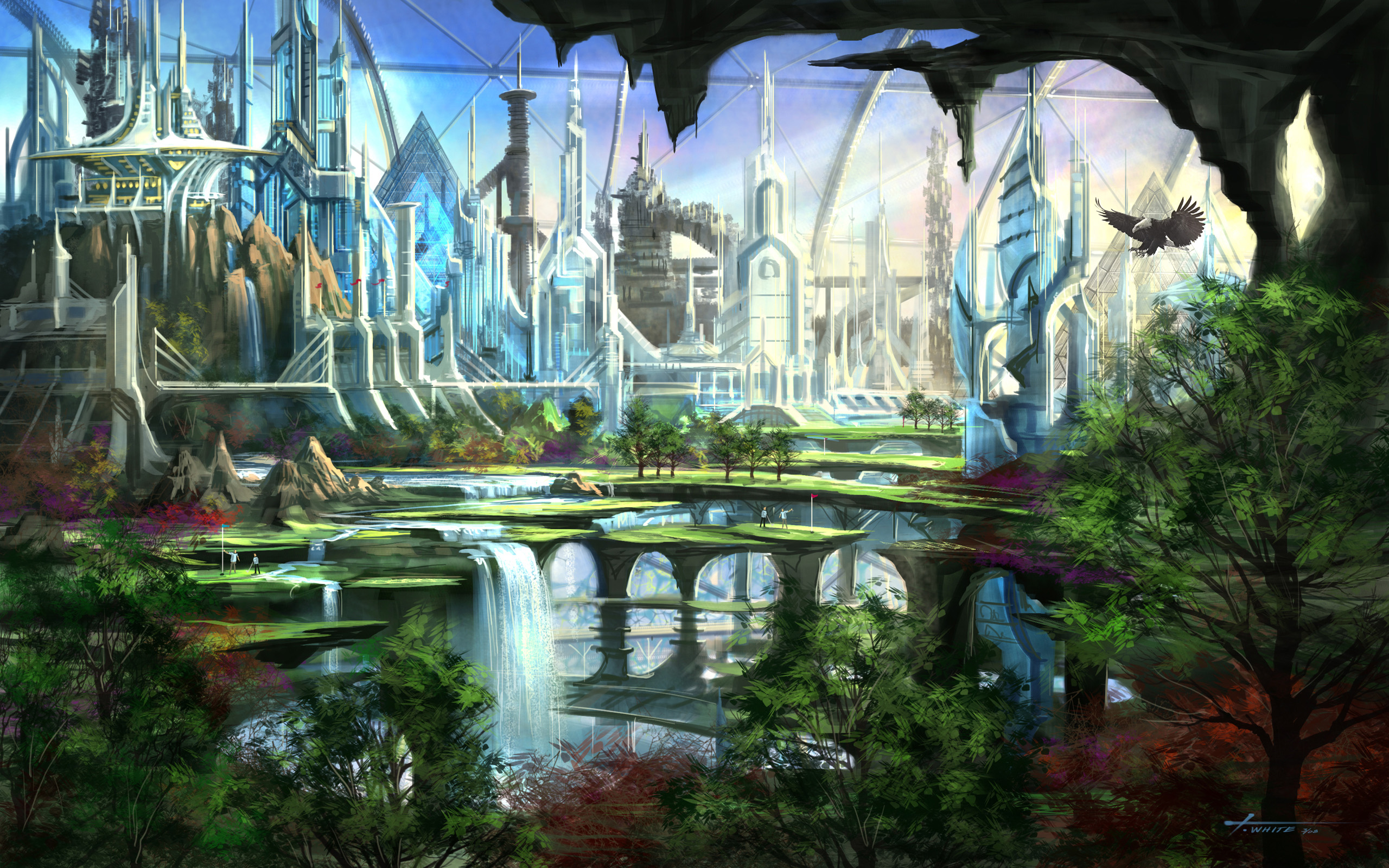 cityscapes, futuristic, garden, fantasy art, waterfalls - desktop wallpaper