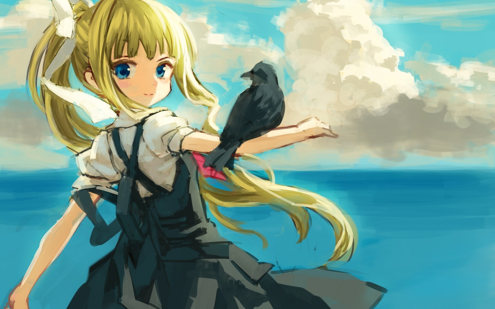 blondes, ocean, birds, Kamio Misuzu, anime, Air (anime), children - desktop wallpaper