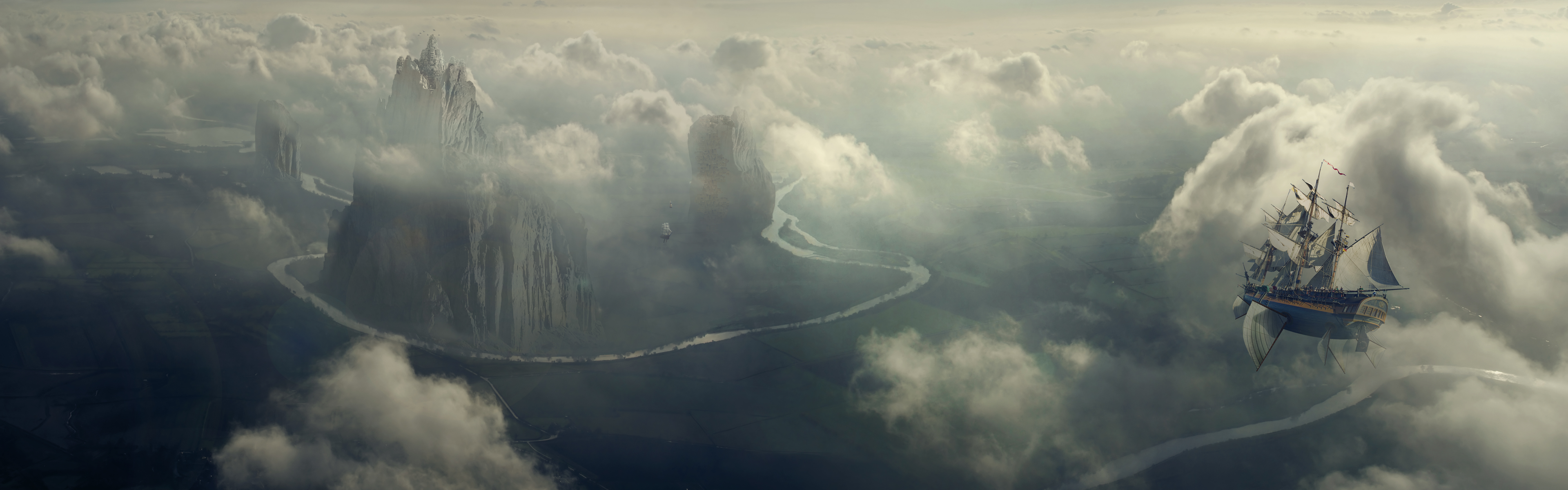 clouds, landscapes, flying, ships, artwork, Desktopography, rivers - desktop wallpaper