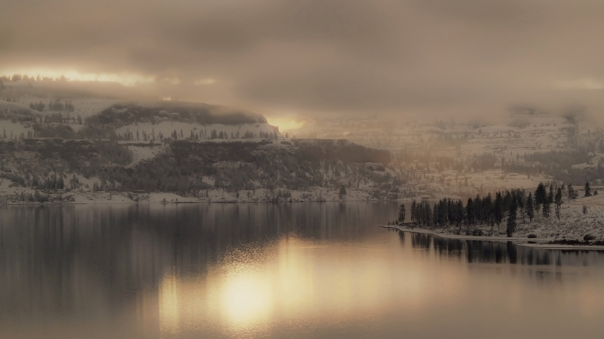 water, clouds, landscapes, nature, winter, snow, trees, forests, fog, panorama, lakes - desktop wallpaper