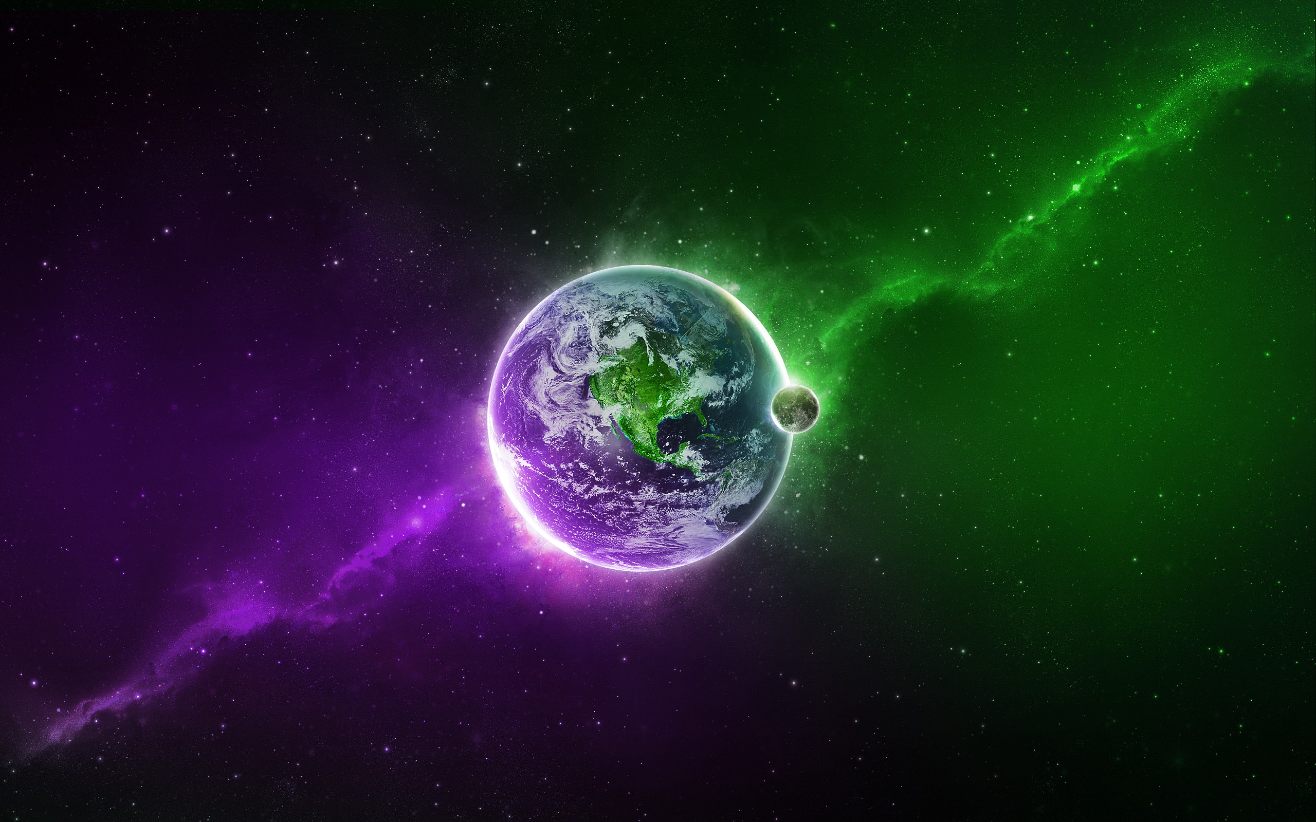 green, outer space, multicolor, stars, planets, Moon, purple, Earth - desktop wallpaper