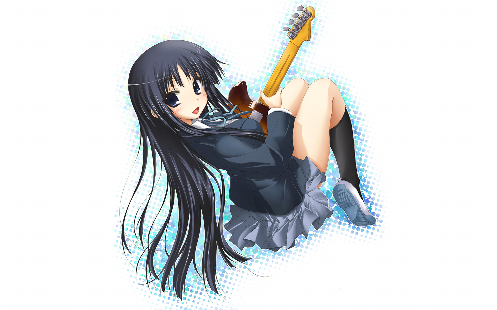 K-ON!, school uniforms, guitars, Akiyama Mio, simple background, anime girls, knee socks - desktop wallpaper