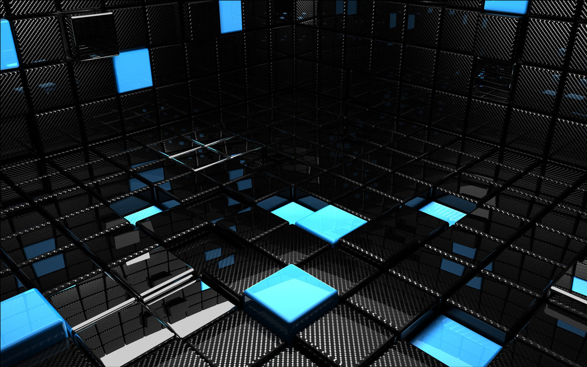 3D view, abstract, blue, black, dark, cubes, reflections - desktop wallpaper