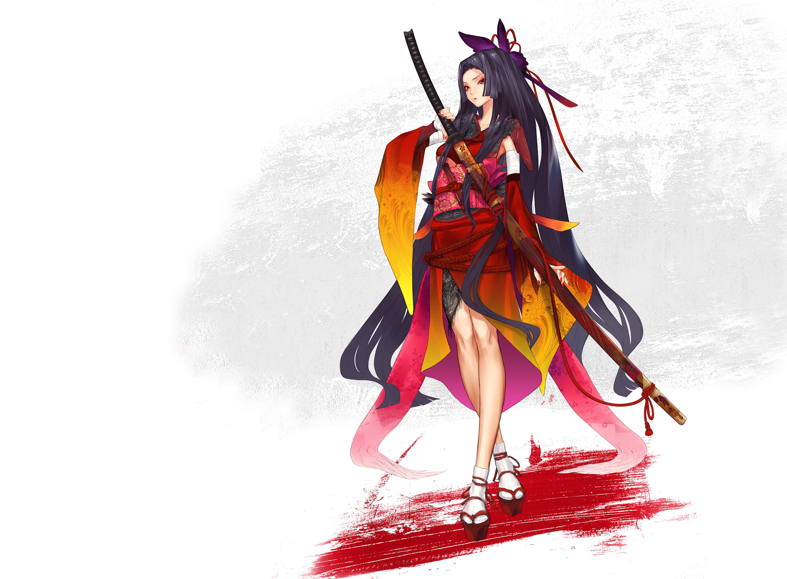 brunettes, gloves, dress, katana, long hair, ribbons, weapons, socks, armor, red eyes, sandals, bandages, soft shading, Redjuice, Japanese clothes, simple background, anime girls, hime cut, detached sleeves, ropes, swords, Kaorihime, nail polish, hair orn - desktop wallpaper