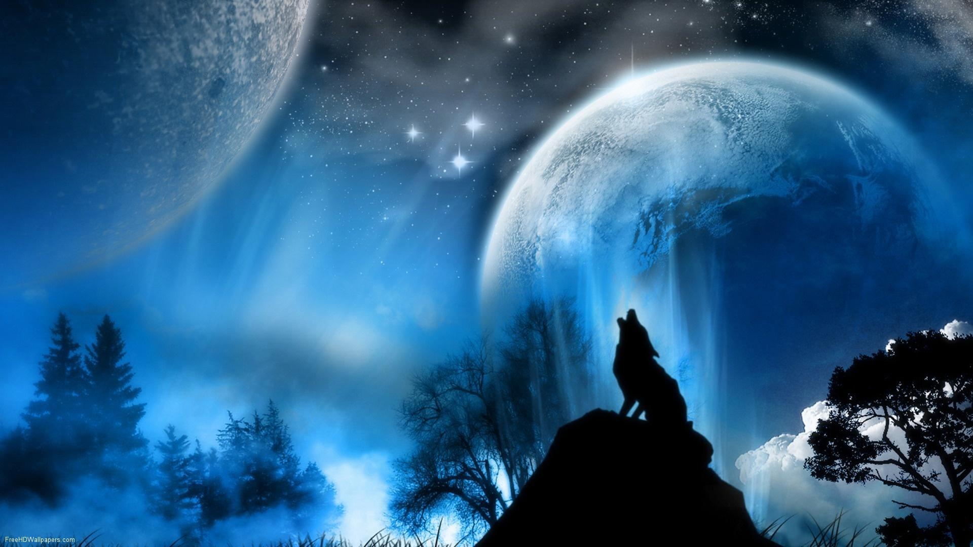 outer space, stars, planets, wolves - desktop wallpaper