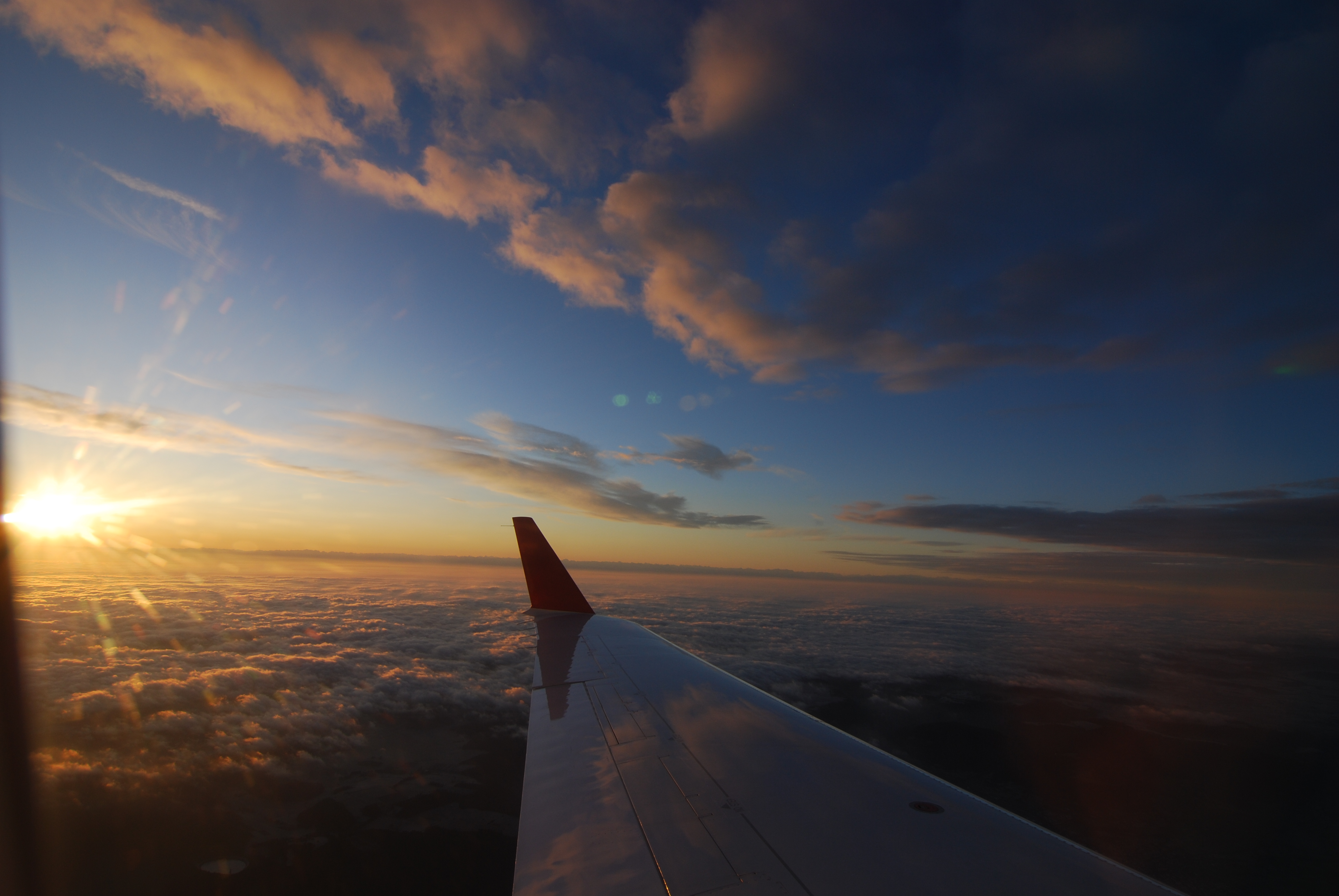 sunset, sunrise, clouds, aircraft, Orange Sun, blue skies - desktop wallpaper