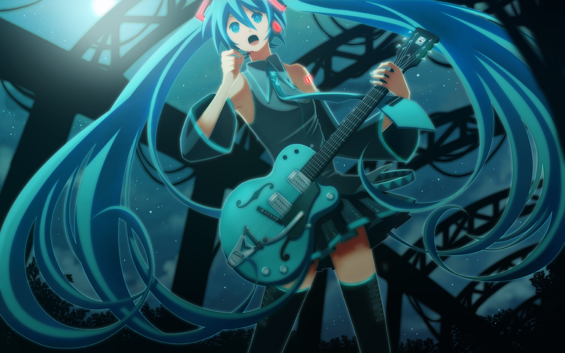 Vocaloid, Hatsune Miku, guitars, twintails, detached sleeves - desktop wallpaper