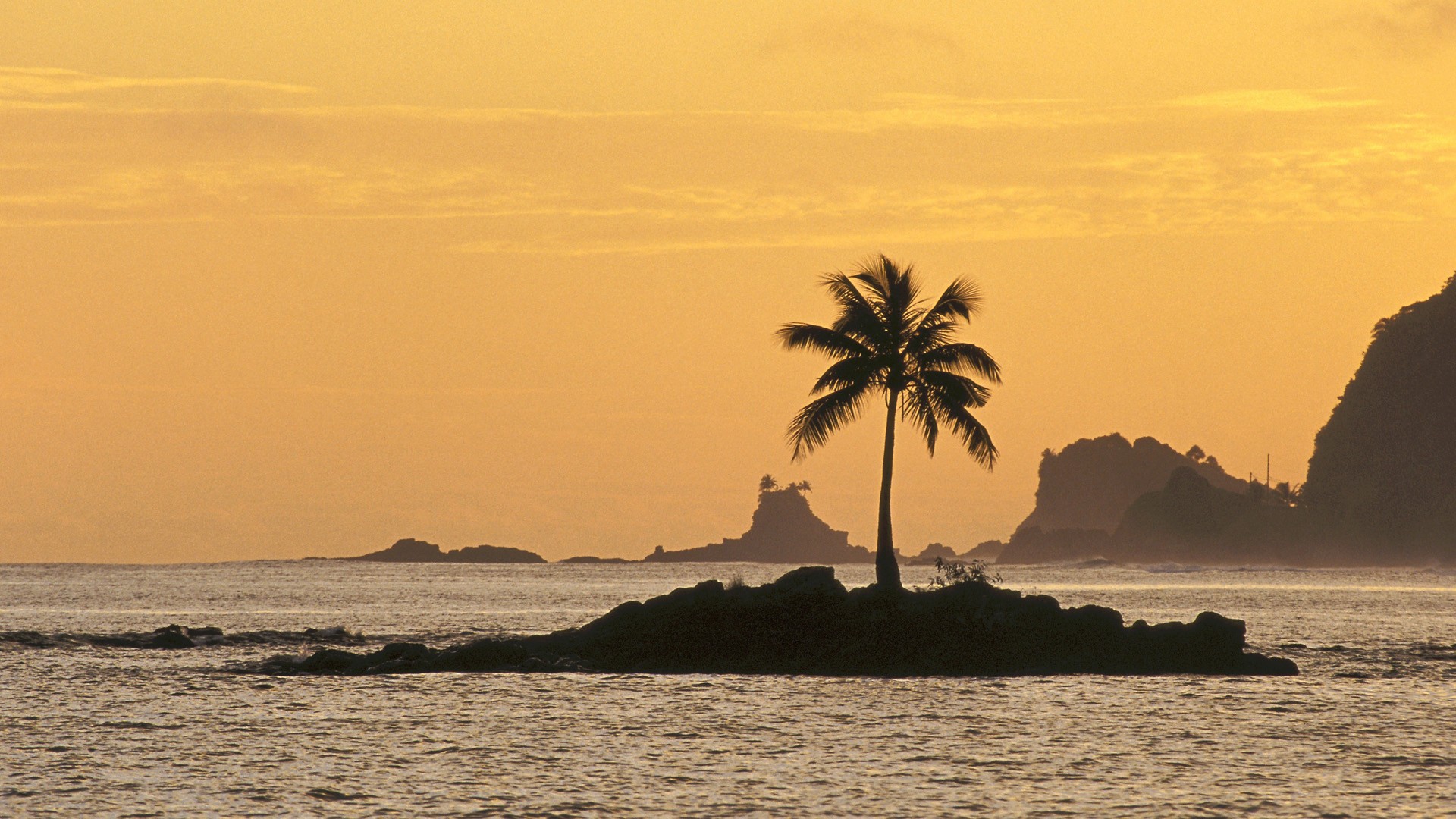 sunset, ocean, islands, coconut tree - desktop wallpaper