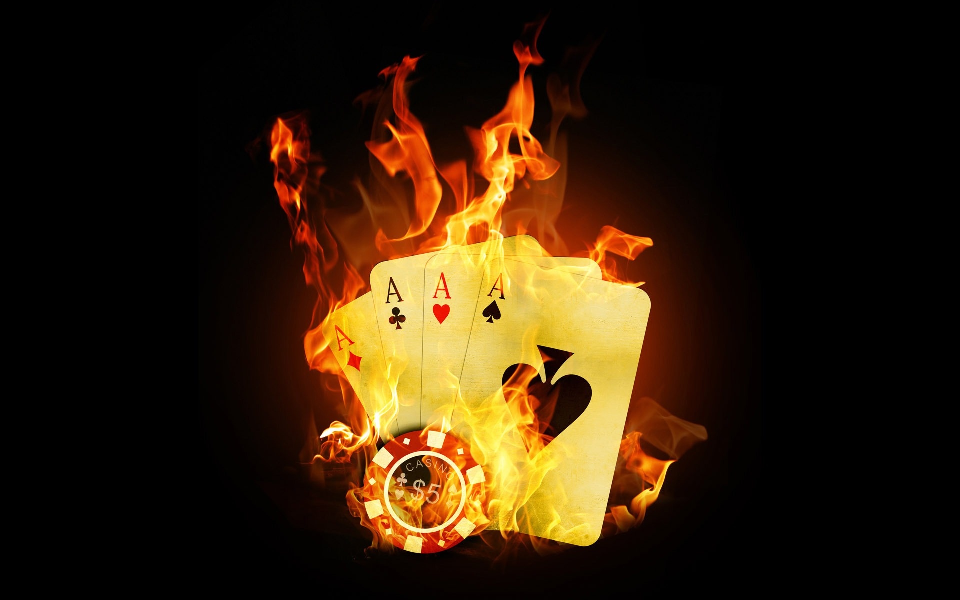 cards, flames, fire, black background - desktop wallpaper