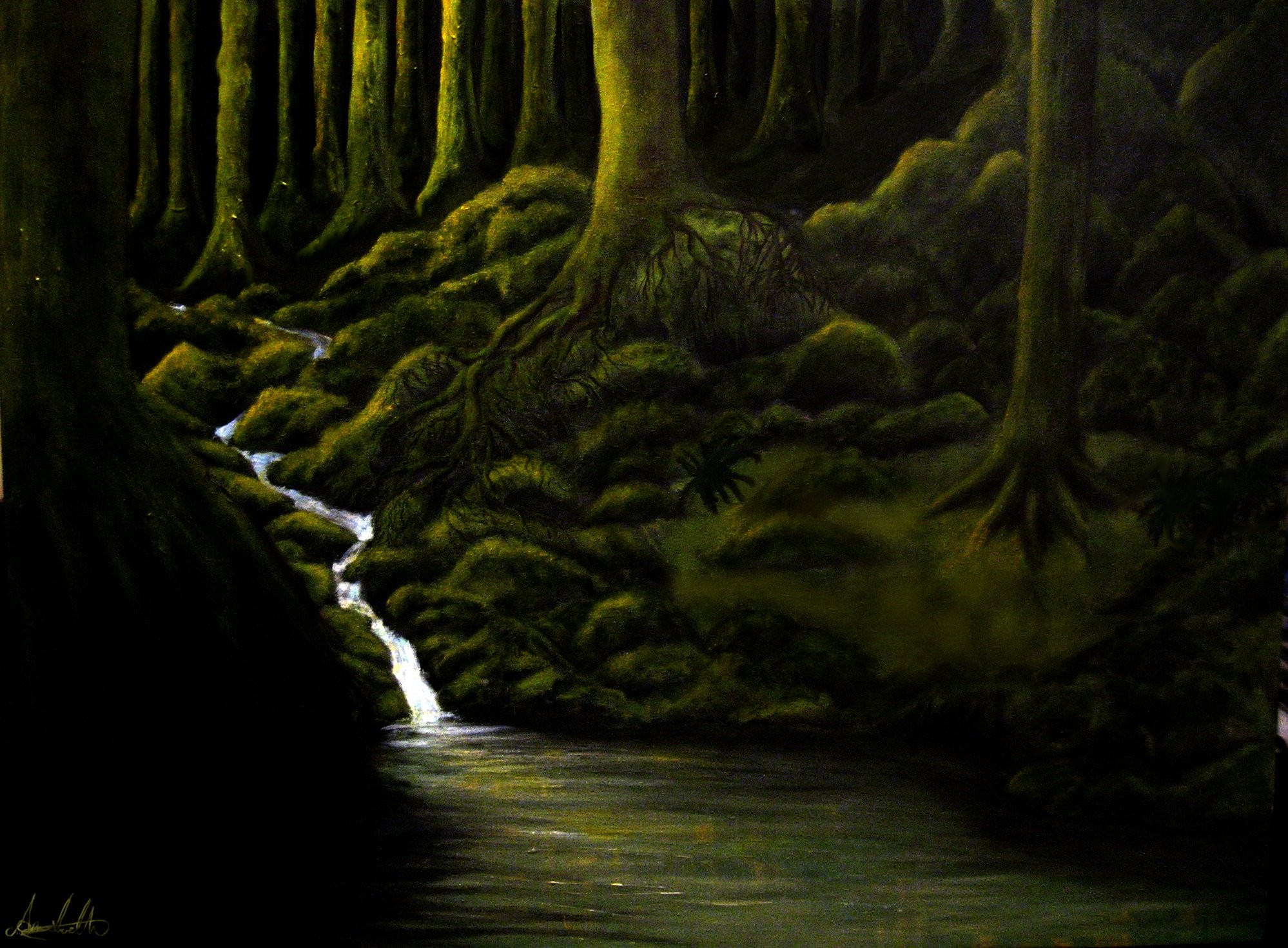 green, paintings, dark, forests, artwork, rivers - desktop wallpaper