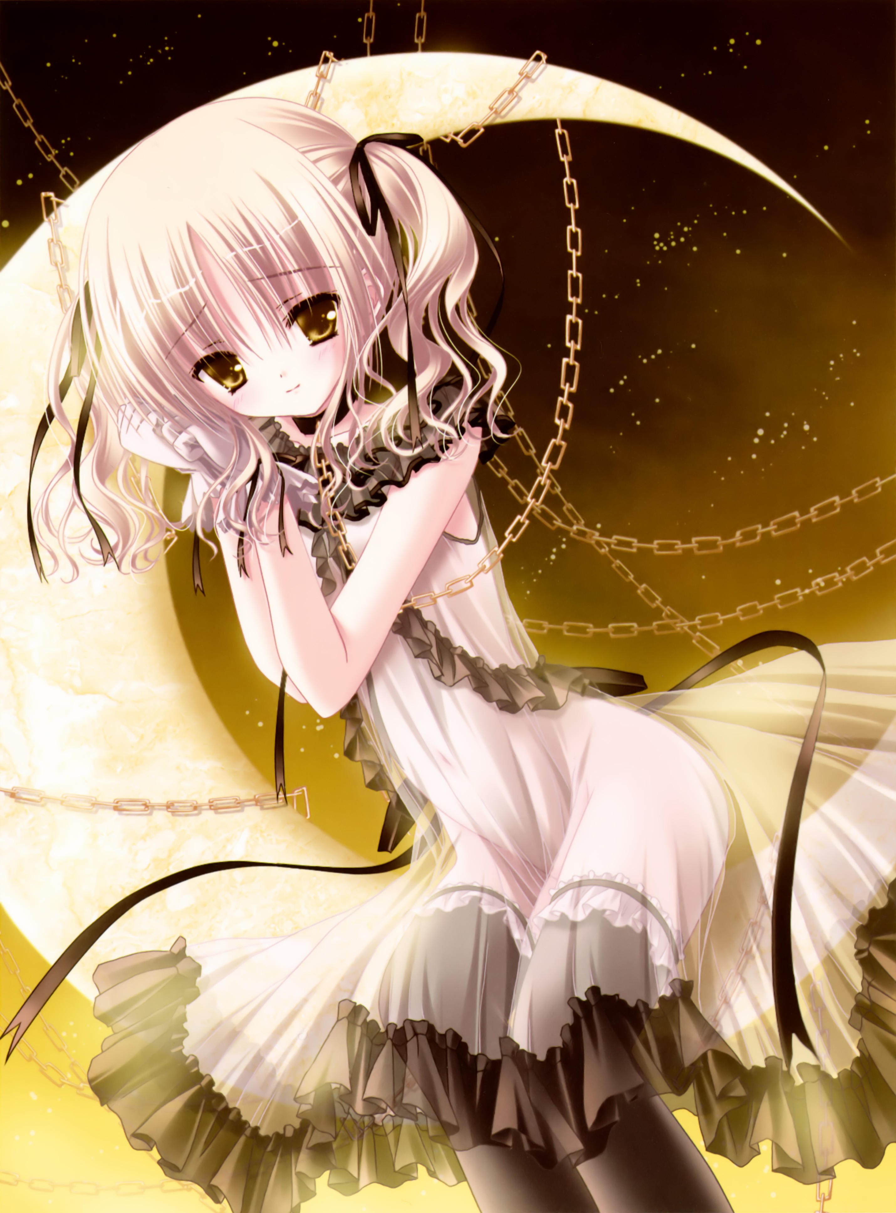 blondes, dress, Moon, ribbons, lolicon, anime, chains, Tinkle Illustrations, anime girls - desktop wallpaper
