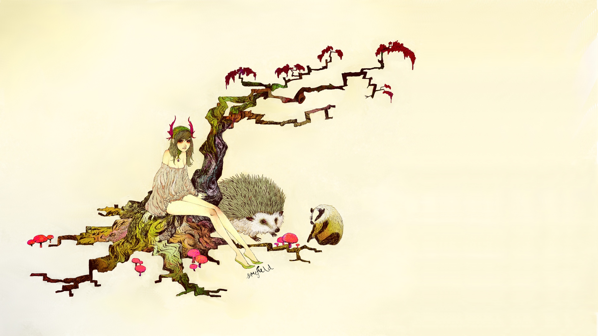 trees, animals, hedgehogs, simple background, somefield, Barnaby Ward - desktop wallpaper