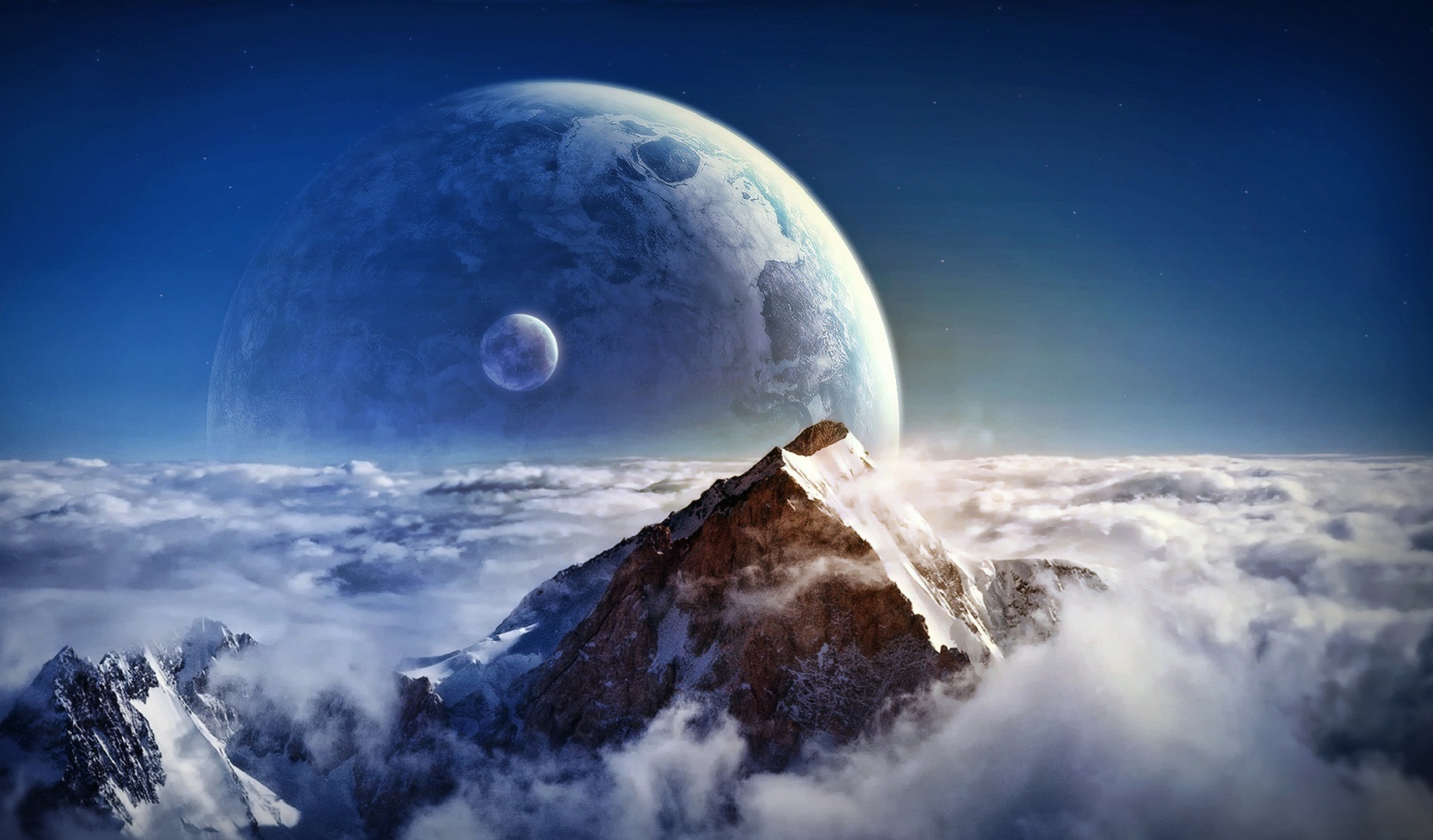 mountains, landscapes, planets, mist, digital art, photo manipulation - desktop wallpaper
