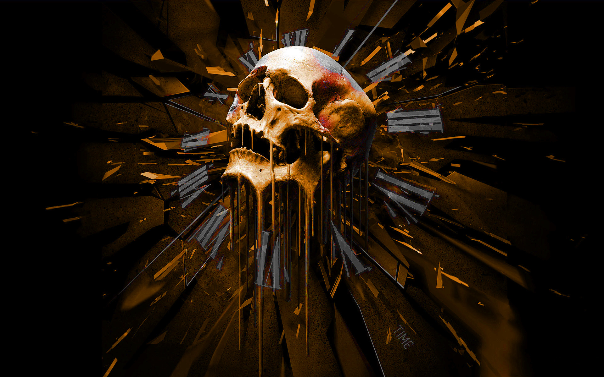 skulls, clocks, gold, shattered, time, dripping - desktop wallpaper