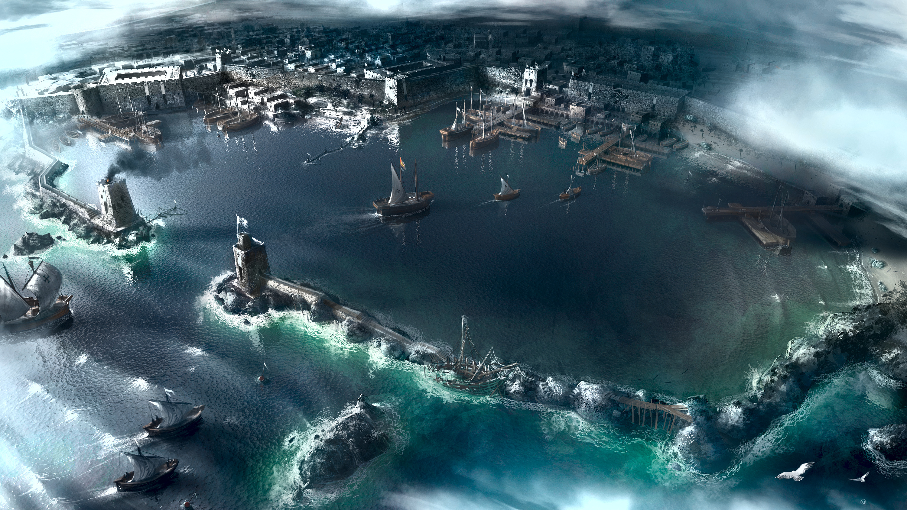 video games, clouds, Assassins Creed, cityscapes, ships, artwork, port, sea - desktop wallpaper