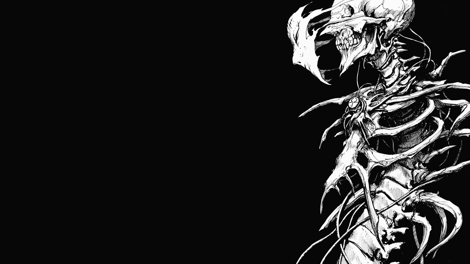 horror, minimalistic, grayscale, skeletons, manga, bones, biomega, black background - desktop wallpaper