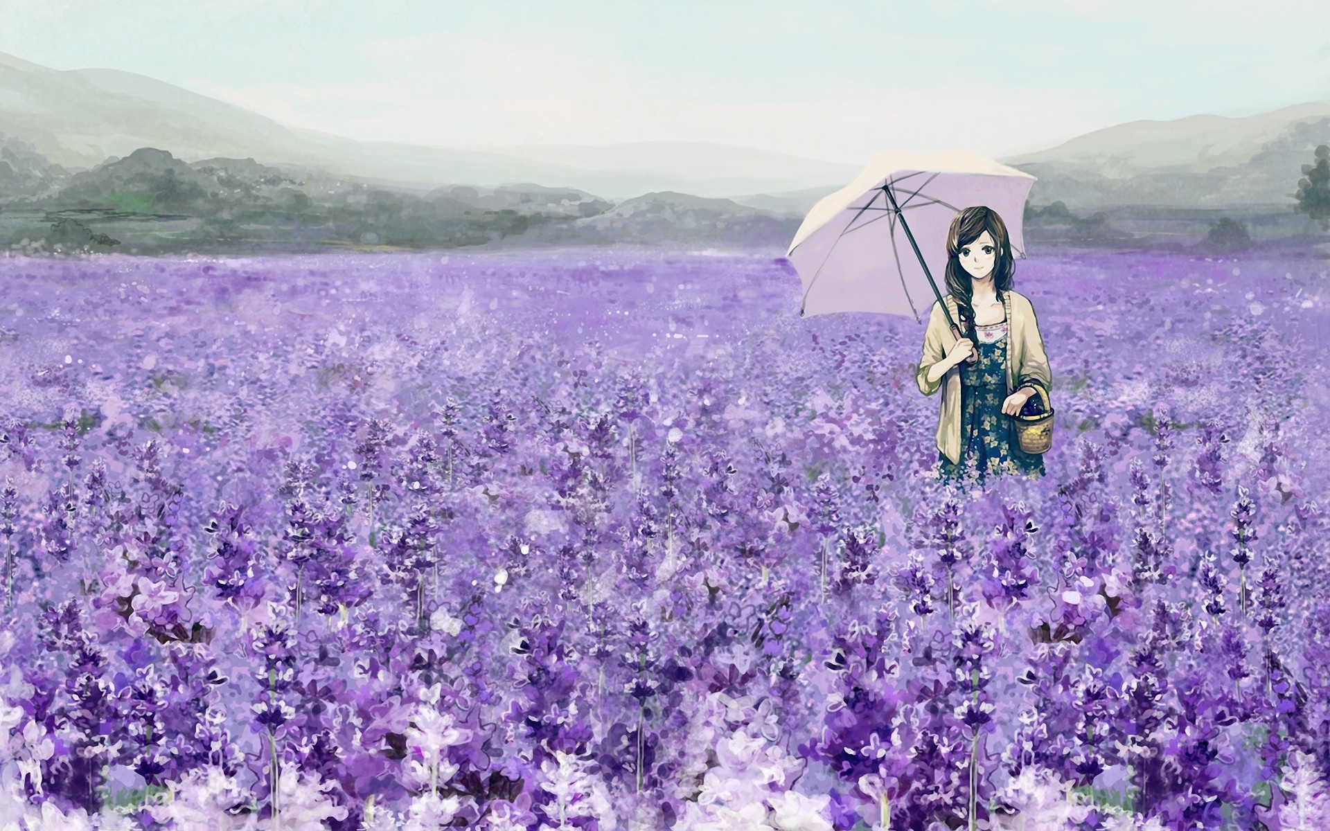 brunettes, flowers, fields, long hair, brown eyes, umbrellas, anime girls - desktop wallpaper
