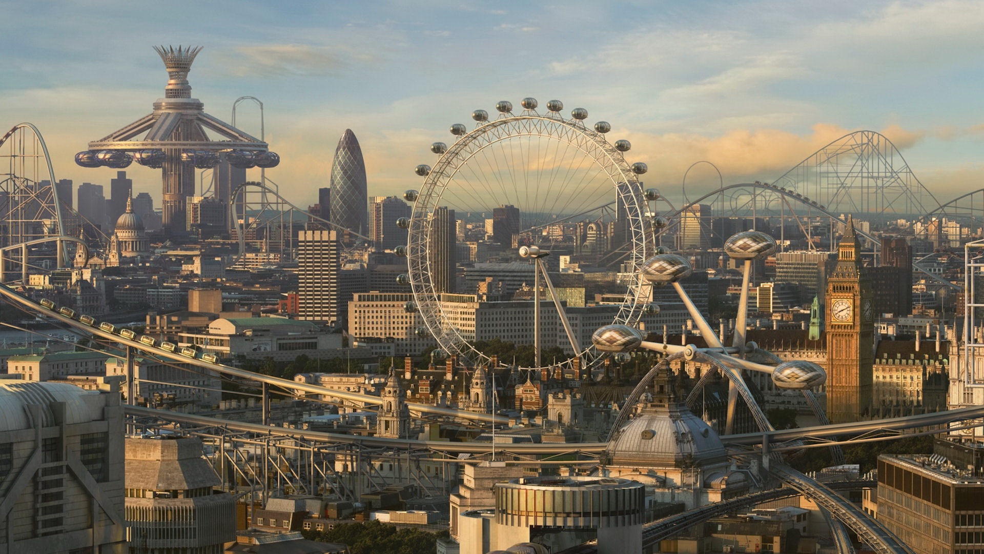 cityscapes, fake, CGI, London, London Eye, Big Ben, future cities, photo manipulations, Roller coaster - desktop wallpaper