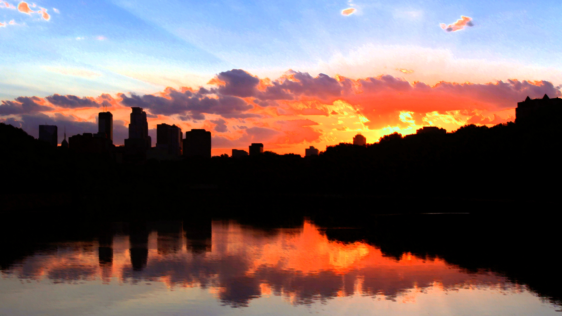 water, sunset, clouds, silhouettes, reflections, cities, skies, Minneapolis - desktop wallpaper