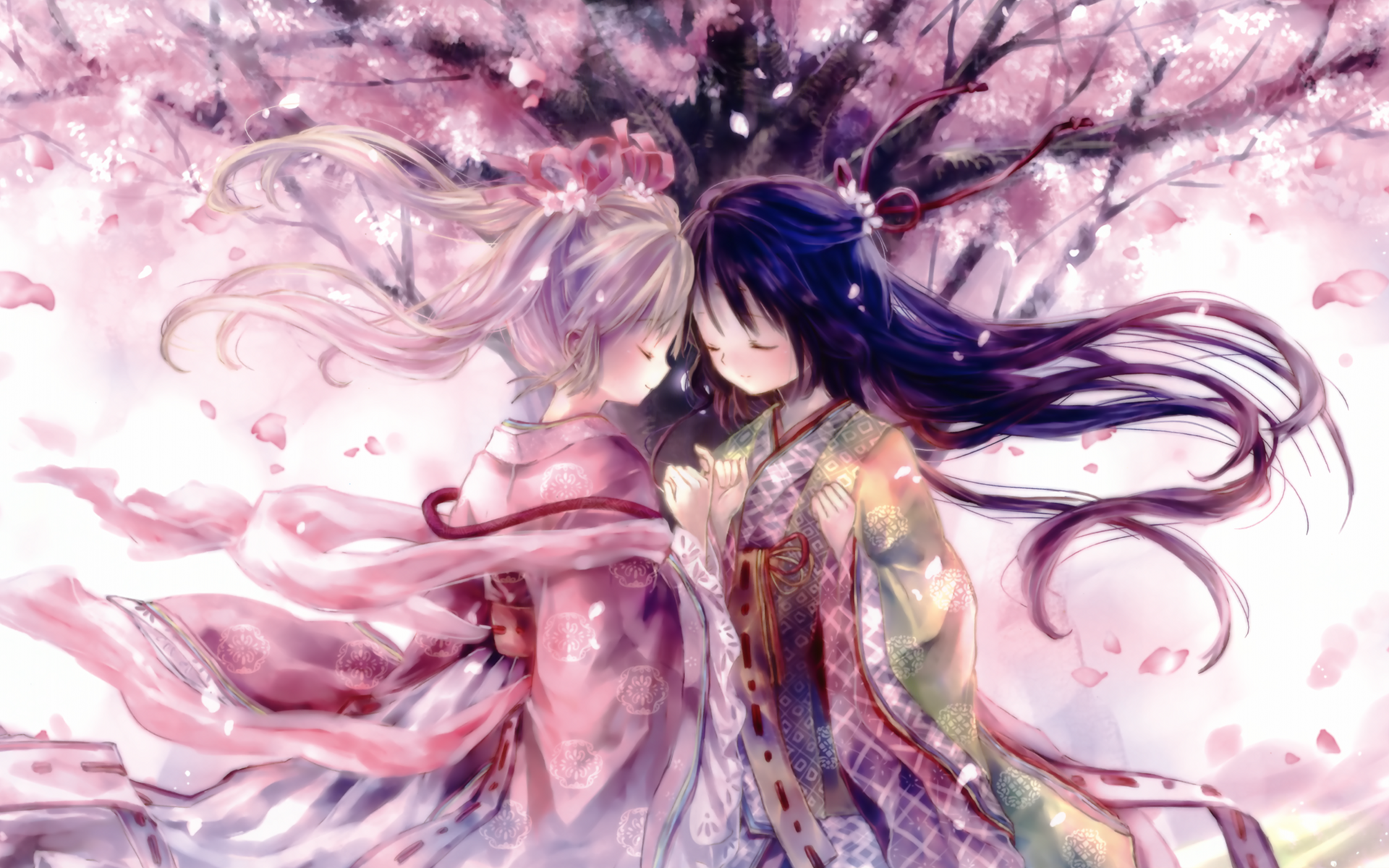 cherry blossoms, Onineko, soft shading, Japanese clothes - desktop wallpaper