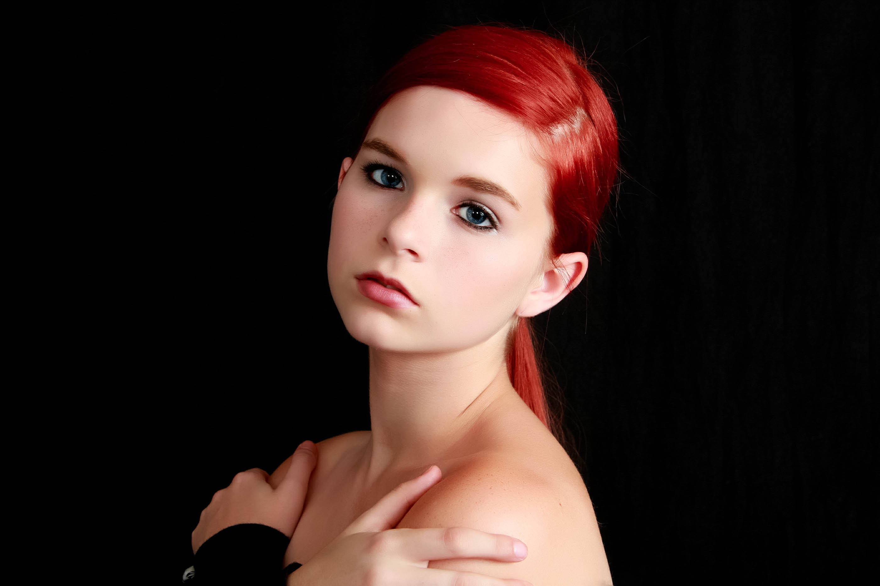 women, blue eyes, redheads, simple background, black background, Karoline Kate, teens - desktop wallpaper