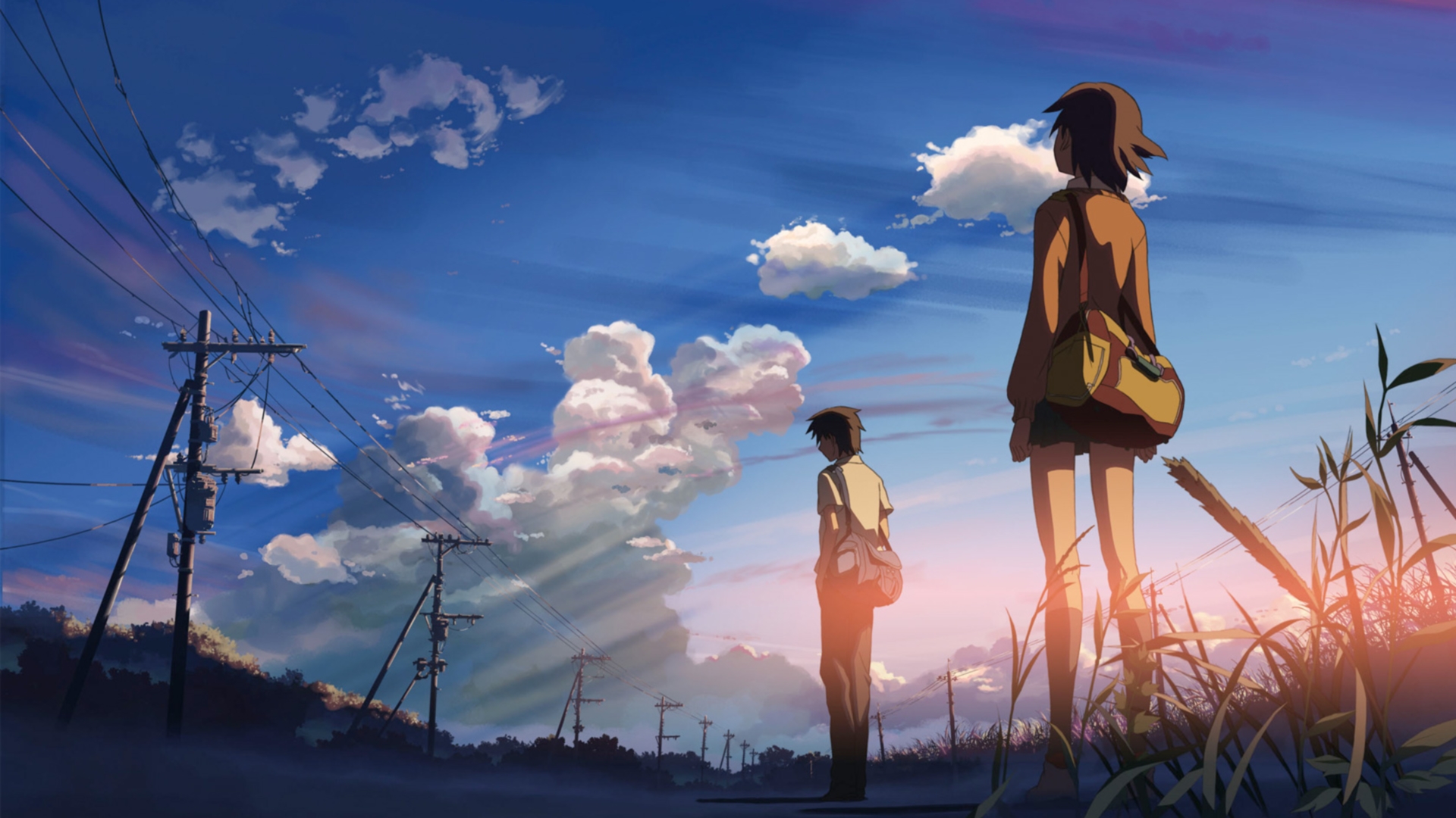 boy, women, clouds, skylines, Makoto Shinkai, 5 Centimeters Per Second, lovers, anime, skyscapes - desktop wallpaper