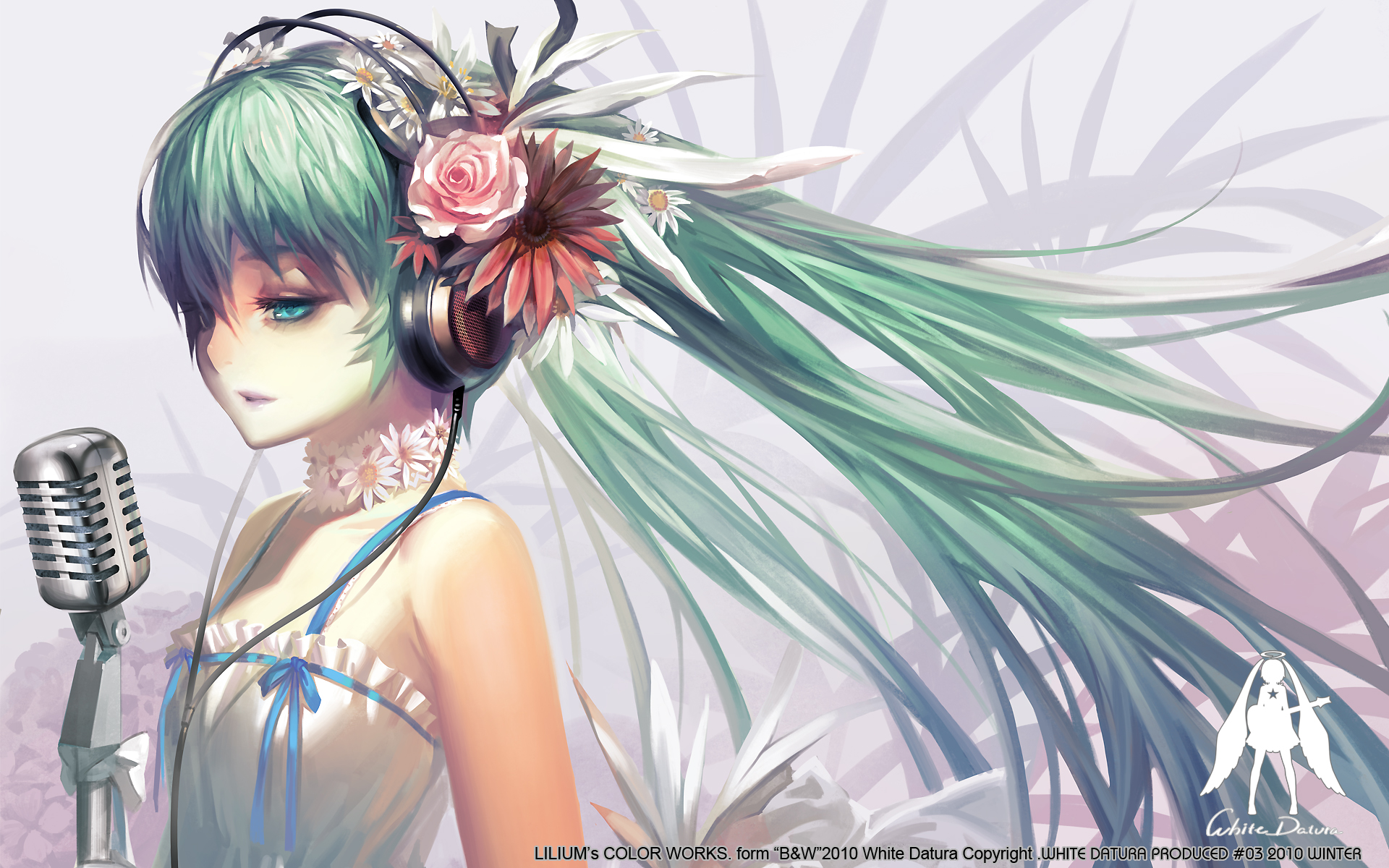 headphones, Vocaloid, flowers, Hatsune Miku, long hair, green hair, anime girls, microphones, Alphonse (White Datura) - desktop wallpaper