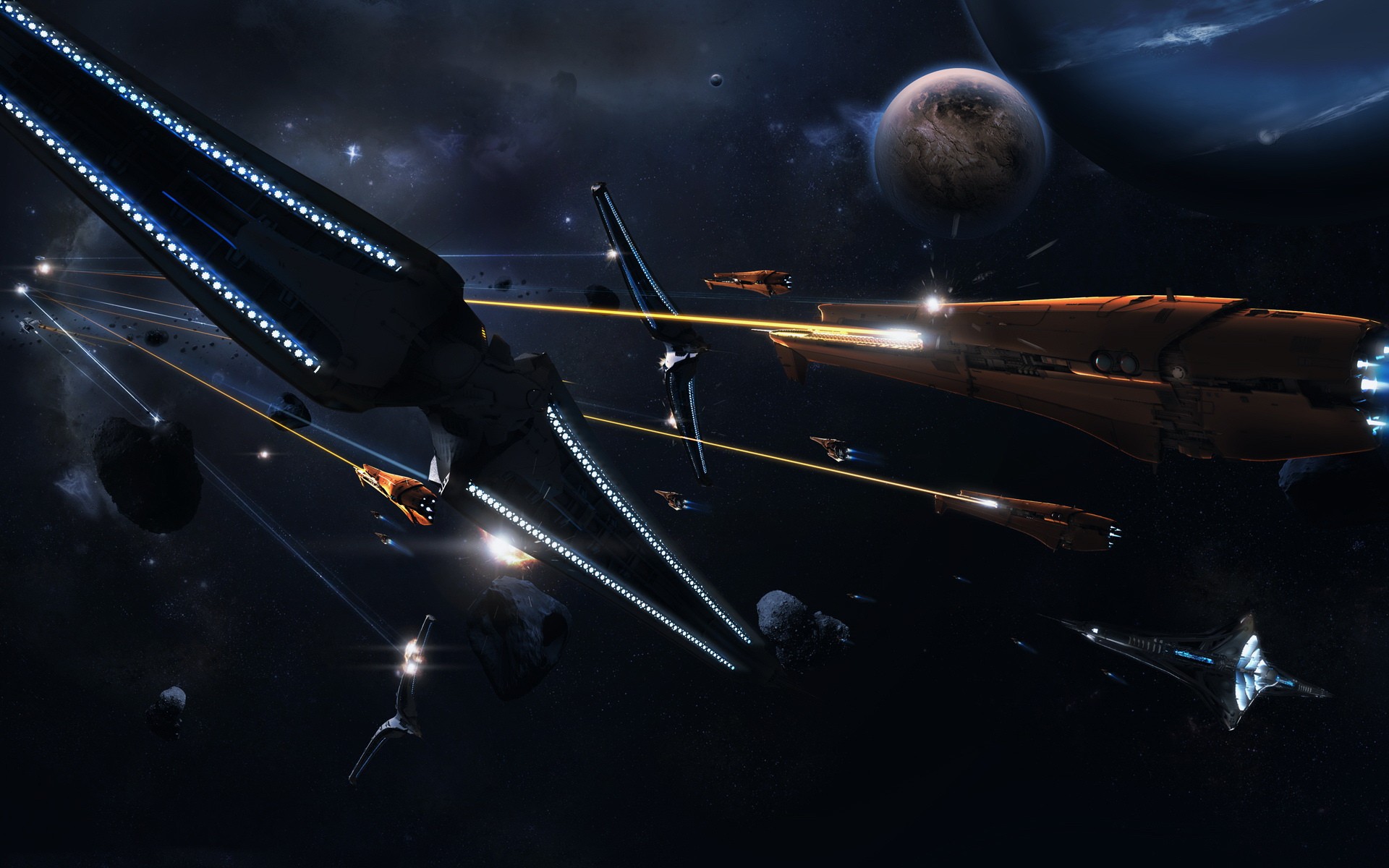 outer space, fight, rocks, spaceships, battles, science fiction, vehicles, moons - desktop wallpaper