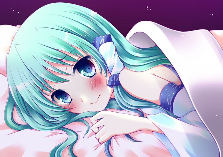 Touhou, blue eyes, beds, long hair, blue hair, Miko, lying down, Kochiya Sanae, detached sleeves - desktop wallpaper