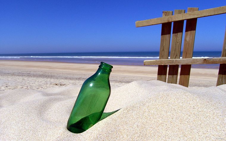 sand, fences, bottles, beaches - desktop wallpaper