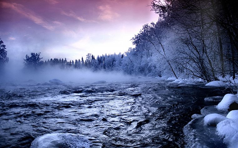 clouds, winter, snow, forests, fog, scenic, rivers - desktop wallpaper