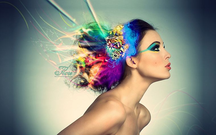 brunettes, women, blue, yellow, pink, purple, fashion, artwork, nude, roses, colors - desktop wallpaper