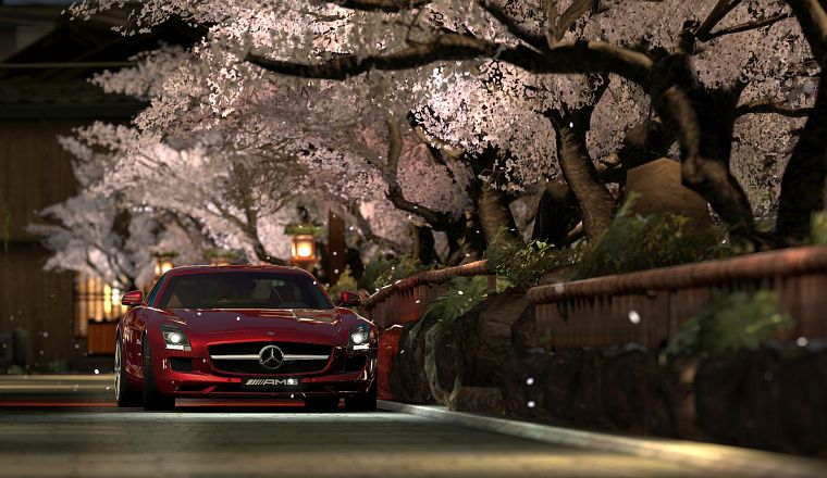 landscapes, trees, red, cars, Kyoto, scenic, vehicles, Mercedes-Benz, Mercedes-Benz SLS AMG E-Cell - desktop wallpaper
