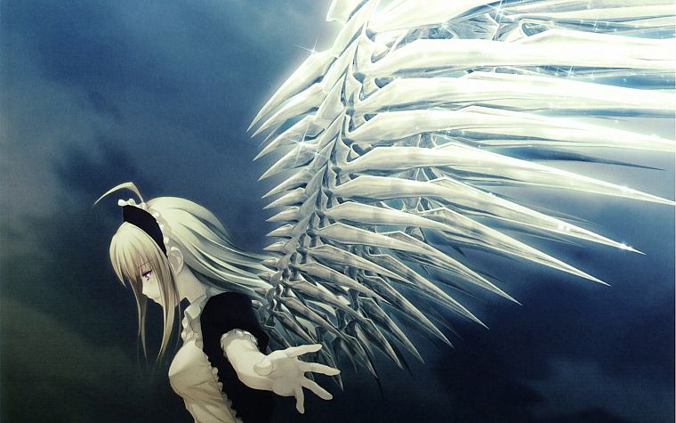 blondes, angels, wings, short hair, Nitroplus, anime girls, mechanical wings - desktop wallpaper