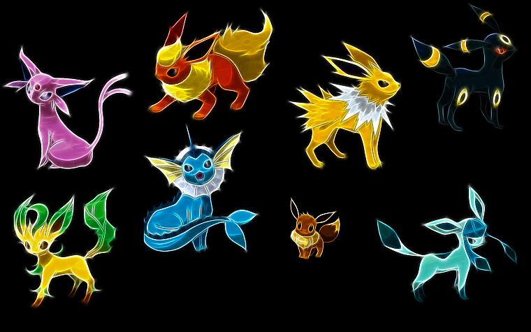 Pokemon, Flareon, Eevee, Espeon, Umbreon, Vaporeon, Jolteon, Leafeon, black background - desktop wallpaper