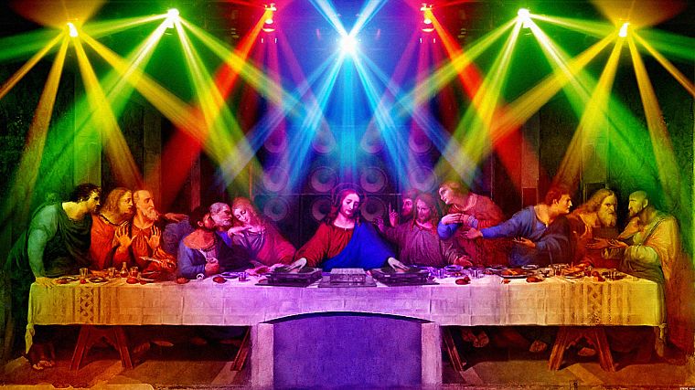 multicolor, funny, DJs, rainbows, The Last Supper, Jesus Christ, sacreligious - desktop wallpaper