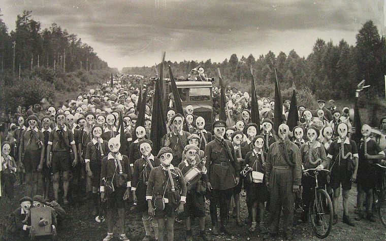 gas masks, monochrome, old photo - desktop wallpaper