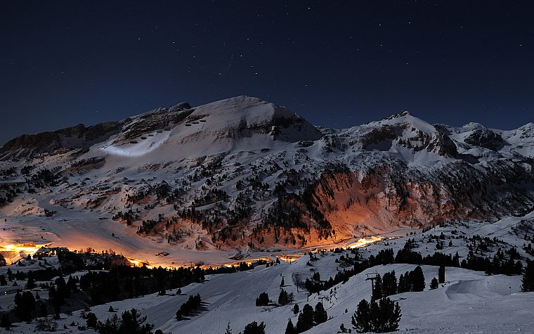 mountains, snow, night, valleys, long exposure - desktop wallpaper