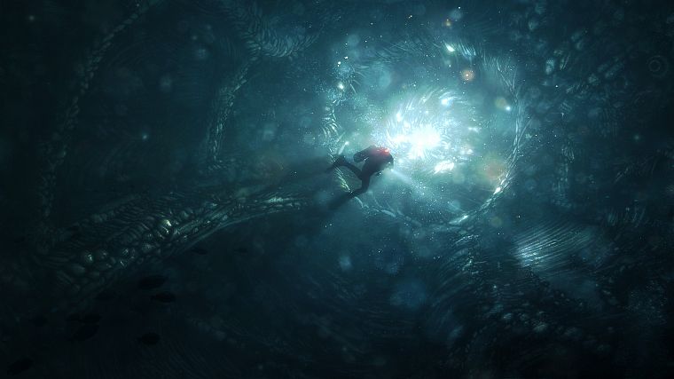 light, fantasy art, scuba diving, underwater, Daniel Kvasznicza - desktop wallpaper