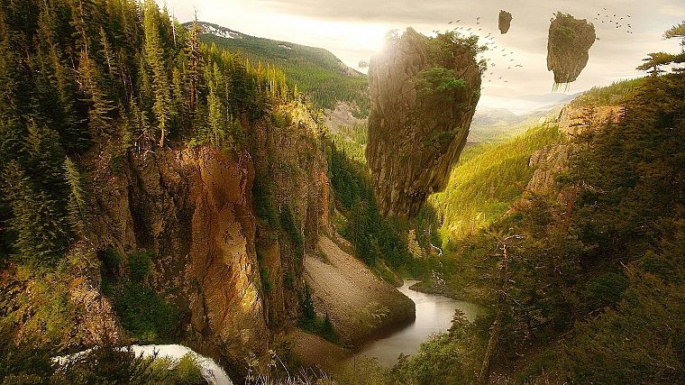 mountains, landscapes, forests, digital art, artwork, evergreens - desktop wallpaper