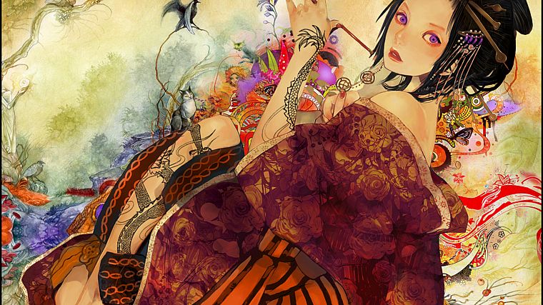 tattoos, geisha, purple eyes, Japanese clothes, black hair, bare shoulders - desktop wallpaper