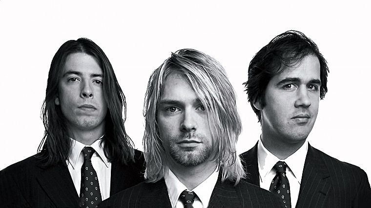 grunge, long hair, Nirvana, Dave Grohl, Kurt Cobain, grayscale, Krist Novoselic - desktop wallpaper