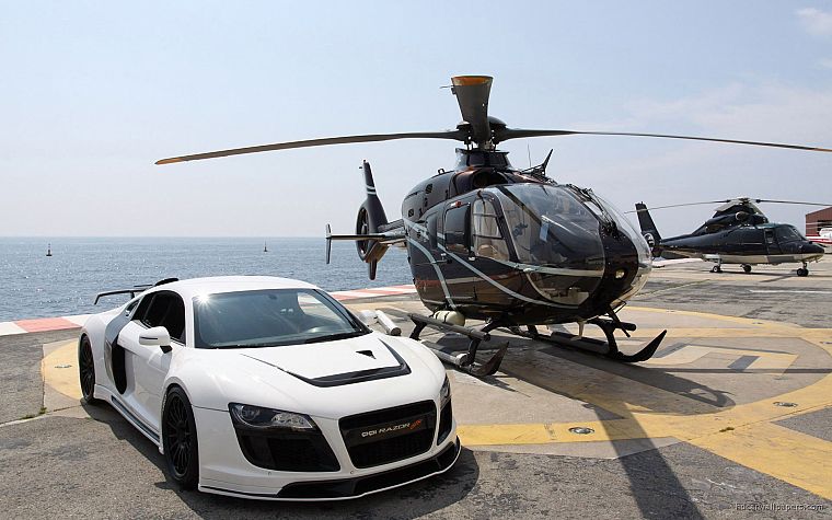 helicopters, cars, vehicles, Audi R8 Razor GTR, white cars, Eurocopter, EC135 - desktop wallpaper